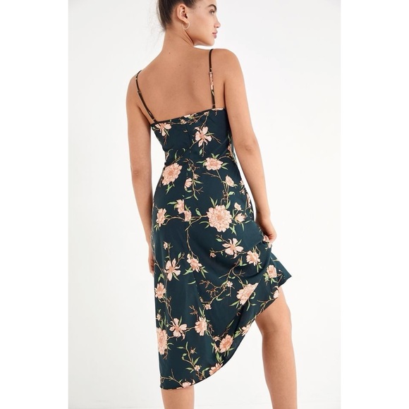 UO Betsy Satin Tie-Front Midi Green Floral Dress - Picture 3 of 7